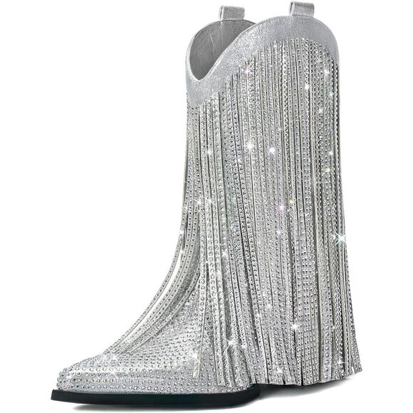 ⚡Women's Silver Mid Calf Cowgirl Boots With Star Studded Pointed Toe Chunky Heel - Picture 1 of 5